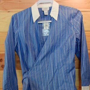 NWTS LOFT Blue/White Stripe White Collared 100% Cotton Wrap Shirt SZ MP
